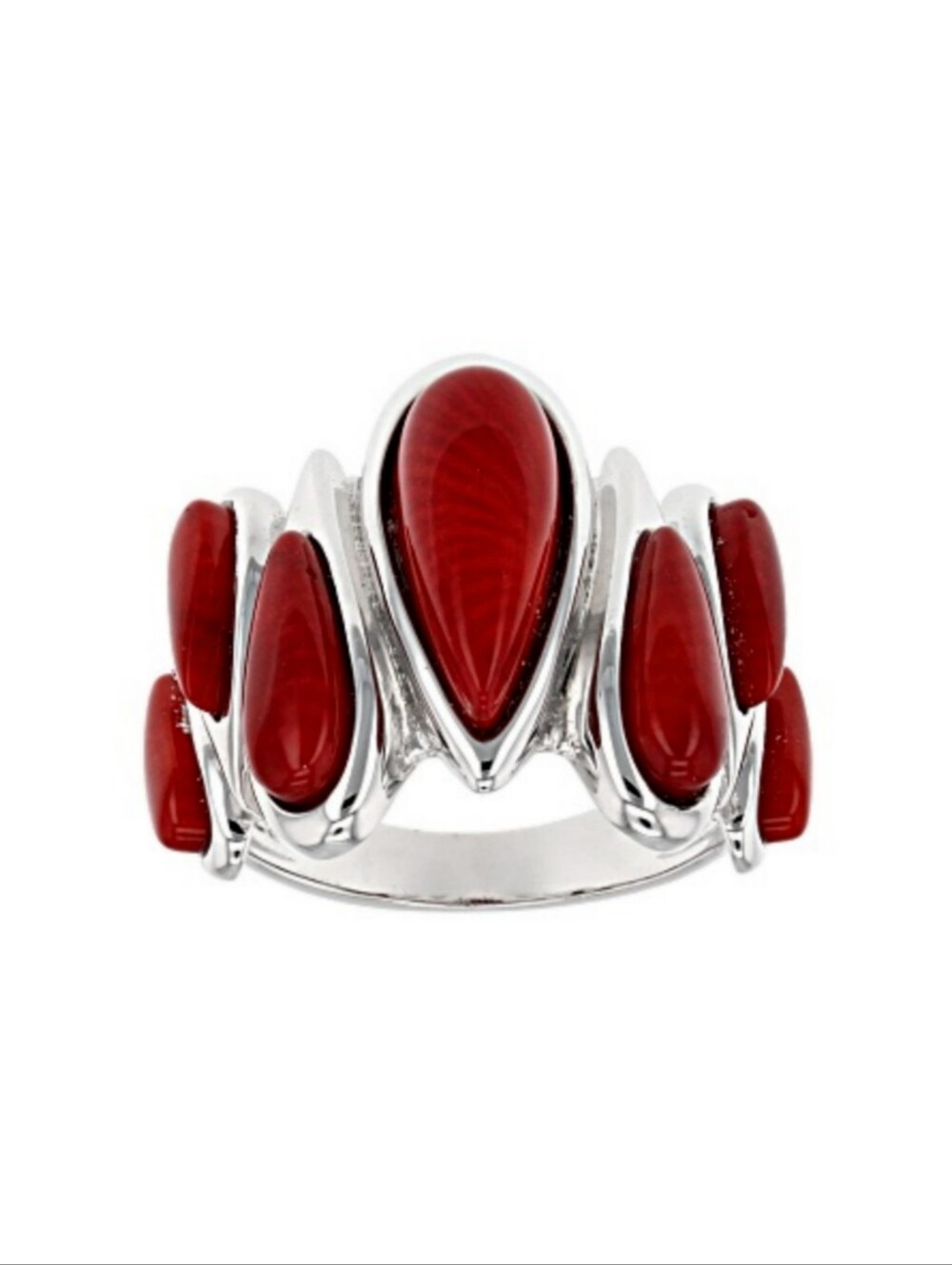 Artisan Pear Shaped Red Sponge Coral Ring 7 Stone Rhodium over Sterling Silver